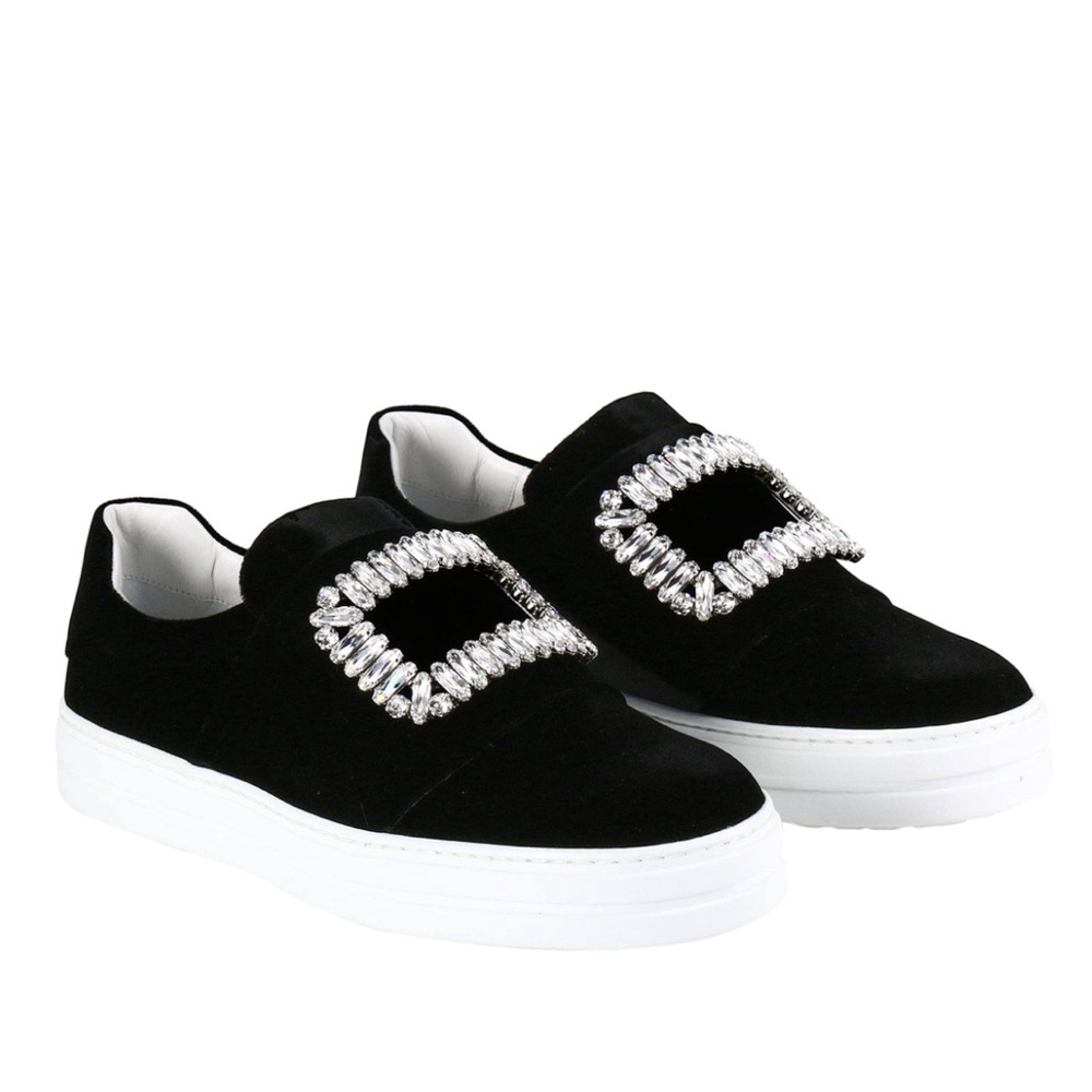 Karl Lagerfeld Black velvet Slip on shoes with rhinestone buckle